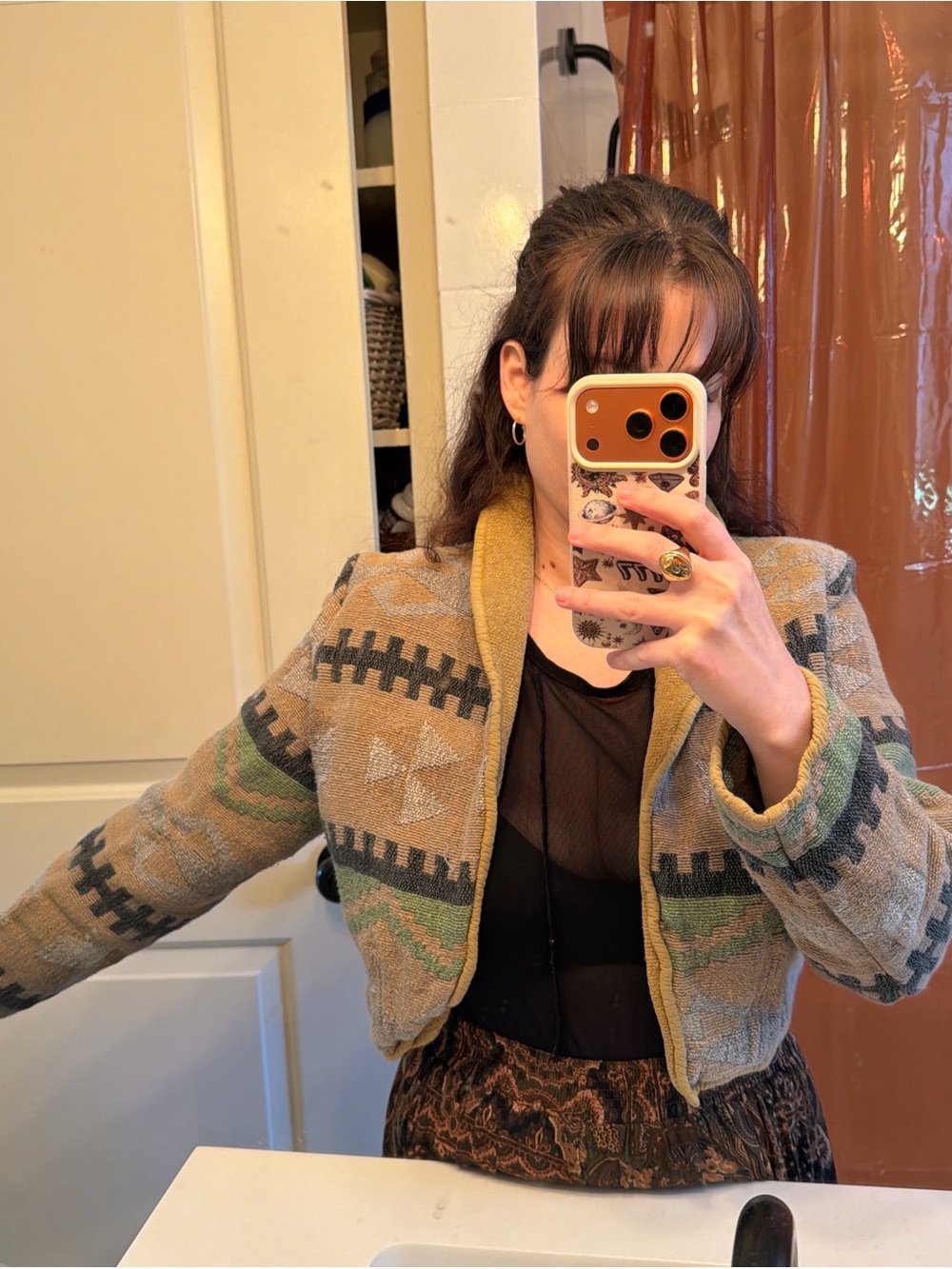 Cropped Aztec Pattern Wool-Blend Jacket - Tan & Green